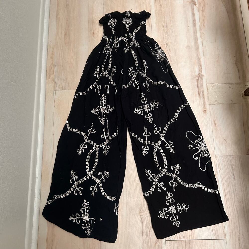 Sequin Embroidered Wide Leg Palazzo Beach Pants One Size